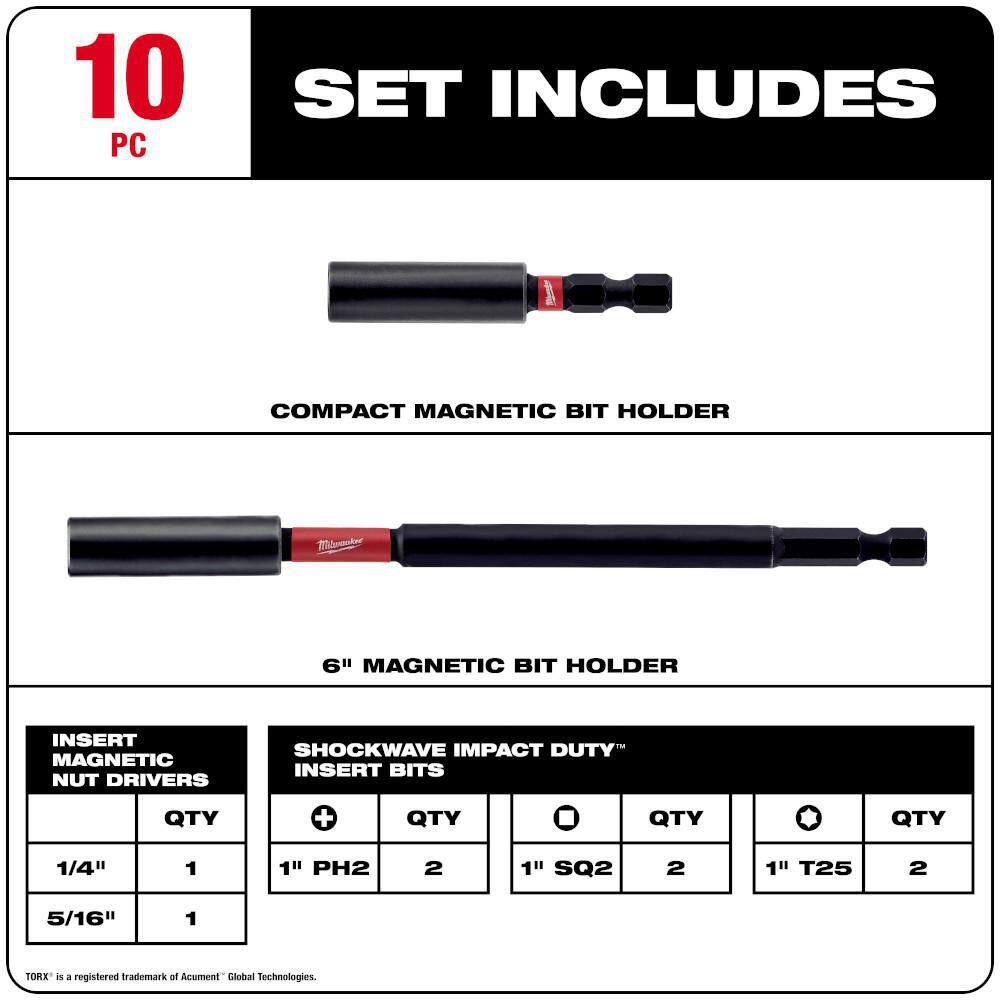 MW SHOCKWAVE Impact Duty Alloy Steel Screw Driver Bit Set (10-Piece) 48-32-4513