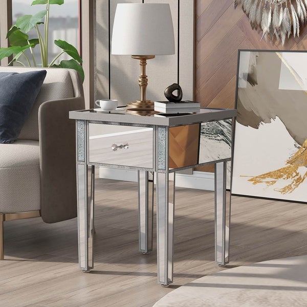 Modern Glass Mirrored End Table with Drawer， Corner Table with Crystal Handles and Adjustable Height Legs