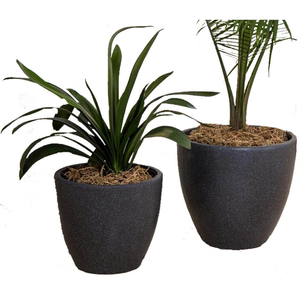 XBRAND 14 in. Tall and 12 in. Tall Black Modern Nested Round Flower Concrete Pot Planter (Set of 2 Different Sizes) PL1515BK