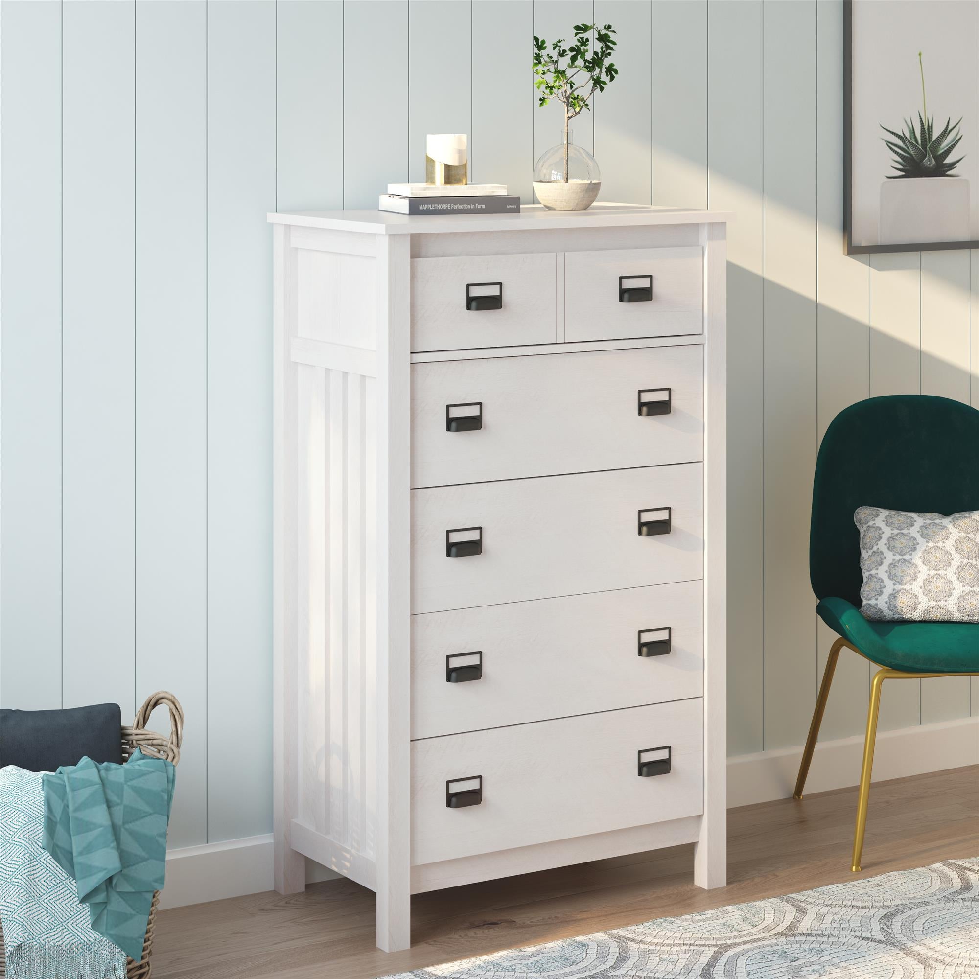 Ameriwood Home Crystal Spring 5 Drawer Dresser, Ivory Oak