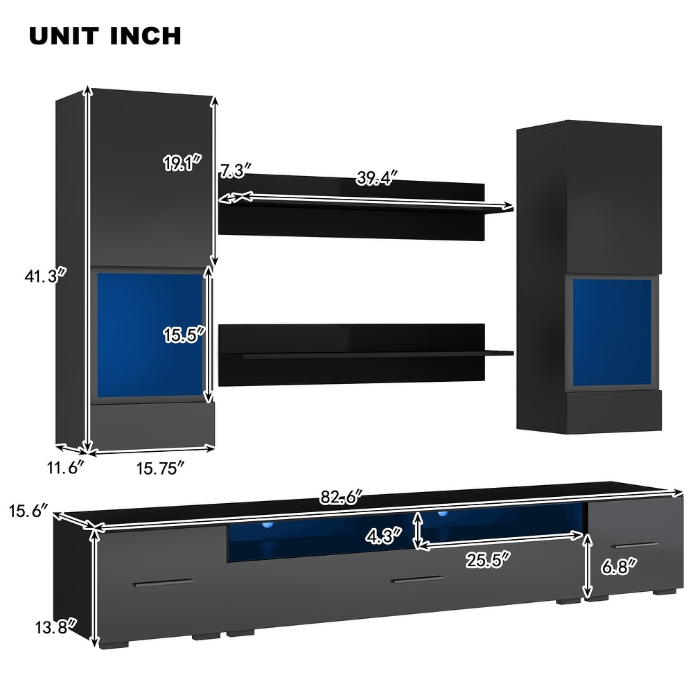 Floating TV Stand with 3 Storage Cabinets   2 Shelves  Modern High Gloss TV Cabinet with 16 Color RGB LED Lights for Living Room