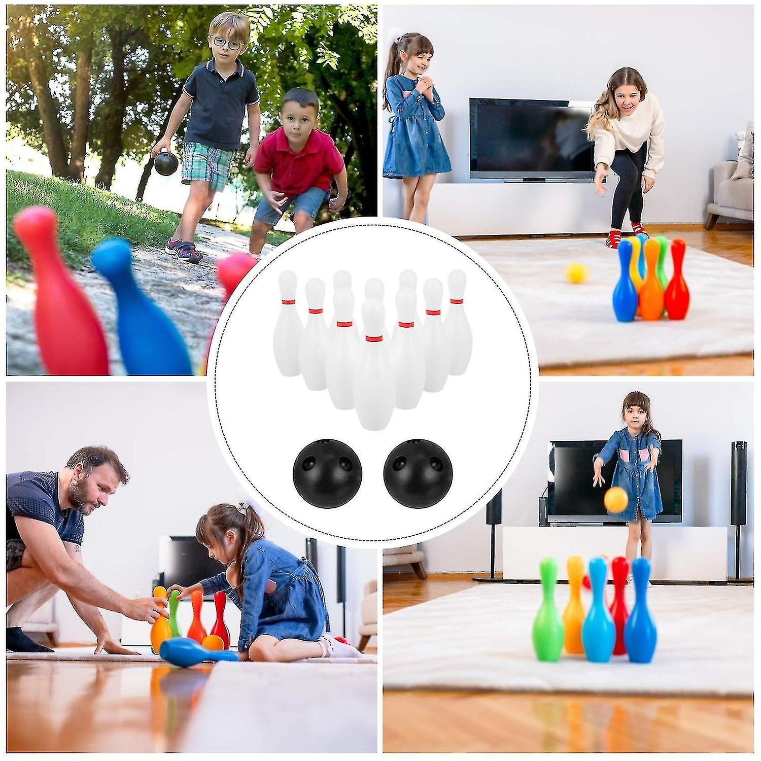 Kids Bowling Balls Toy Small Plastic Bowling Set Include 10 Classical White Pins+2 Black Balls Toddl