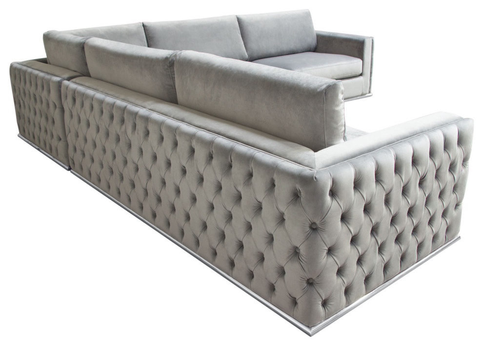 Envy 3 Piece Sectional  Platinum Gray Velvet With Detail and Silver Metal Trim   Contemporary   Sectional Sofas   by HedgeApple  Houzz