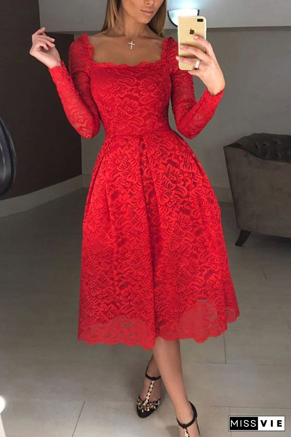 Red Lace Long Sleeve A-Line Party Cocktail Dress