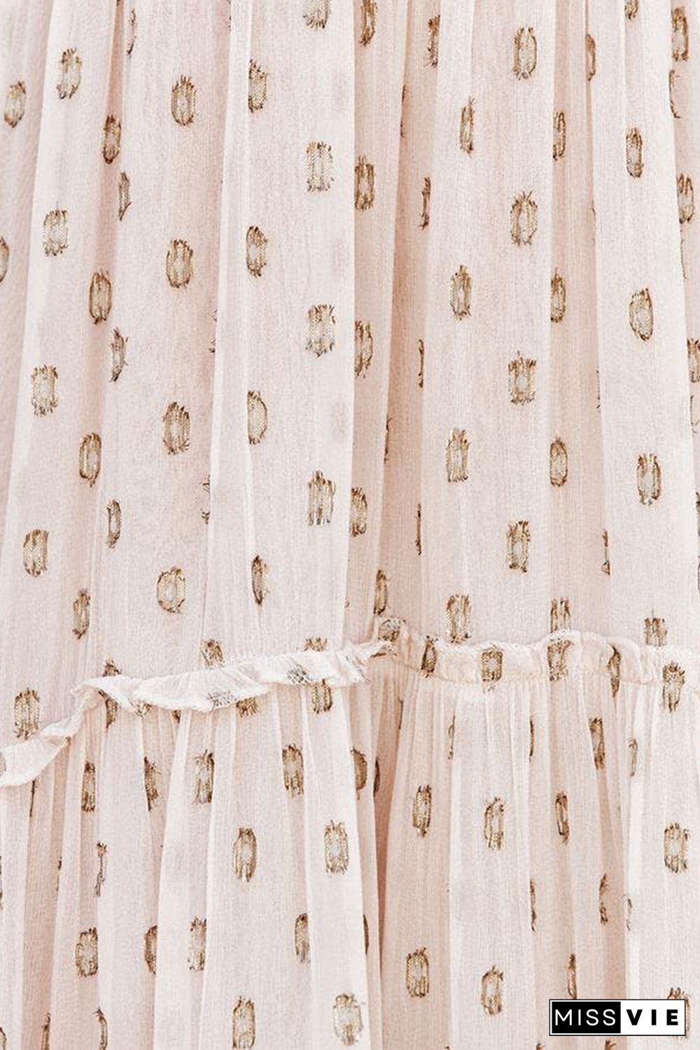 Beige Pattern Print Tiered Ruffled Spaghetti Strap V Neck Maxi Dress