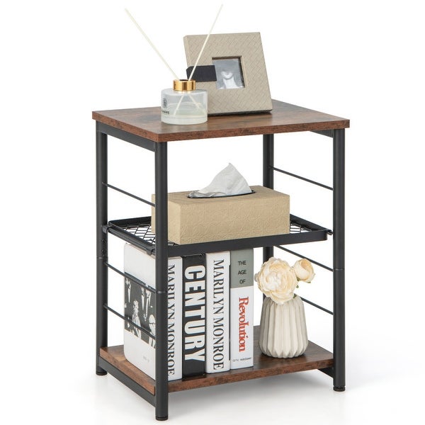 3-Tier Industrial Side Table with Adjustable Mesh Shelf-Rustic Brown - Rustic Brown - 15