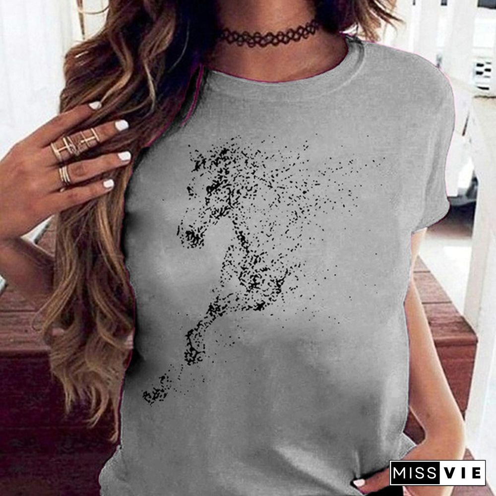 Cute Horse Print T Shirts for Women Summer Short Sleeved Tees Top Women's Round Neck Graphic Tshirts Casual Wear; Loose Fit Tees Woman Blouse Vestidos Mujer