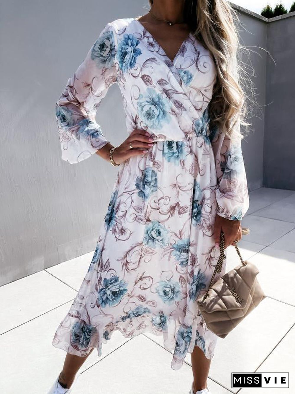 Cross V Neck Short Sleeve Midi Dress