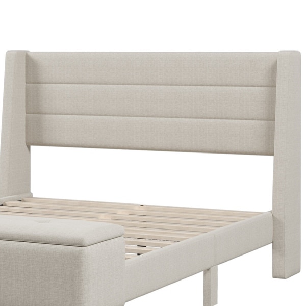 Beige Queen Upholstered Storage Bed with Storage Ottoman Bench and Two Nightstands - - 37893671