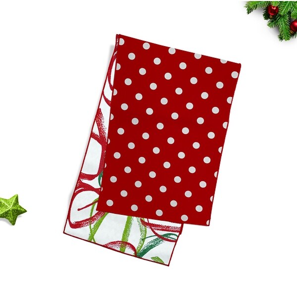 Joita Reversible RIBBONS Green/RETRO POLKA Bright Red Christmas Table Runner