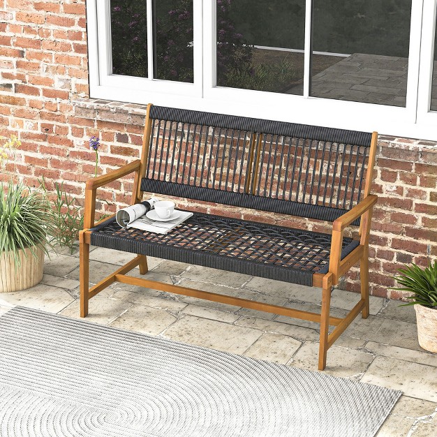 Tangkula Patio 2 person Acacia Wood Bench All weather Rope Woven Outdoor Garden Natural