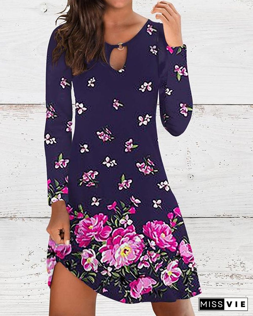 Printed Round Neck Long Sleeve Dress