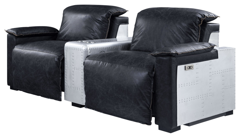 ACME Misezon Power Recliner in Black Top Grain Leather  ampAluminum   Industrial   Loveseats   by Homesquare  Houzz