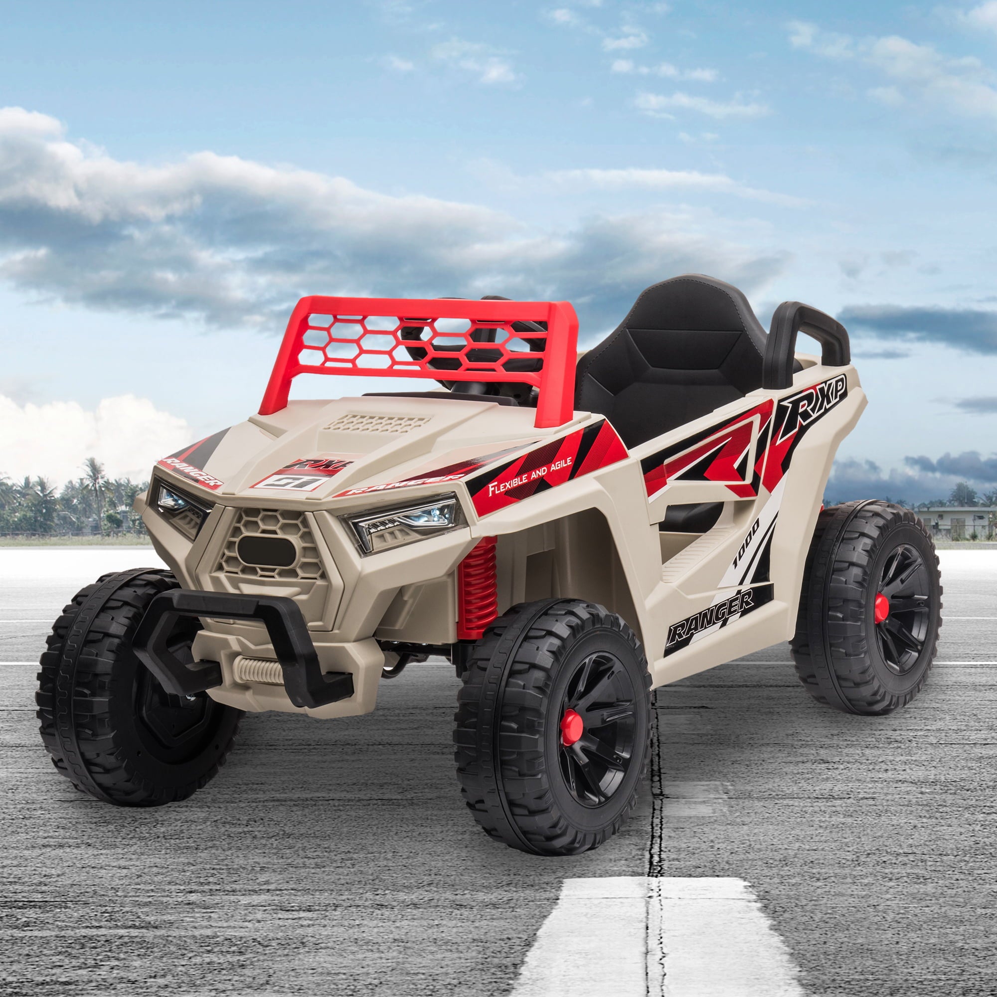 12V Kids Ride-On ATV Quad, Electric Off-Road UTV Vehicle for Big Kids, 80 Lbs Capacity-Beige