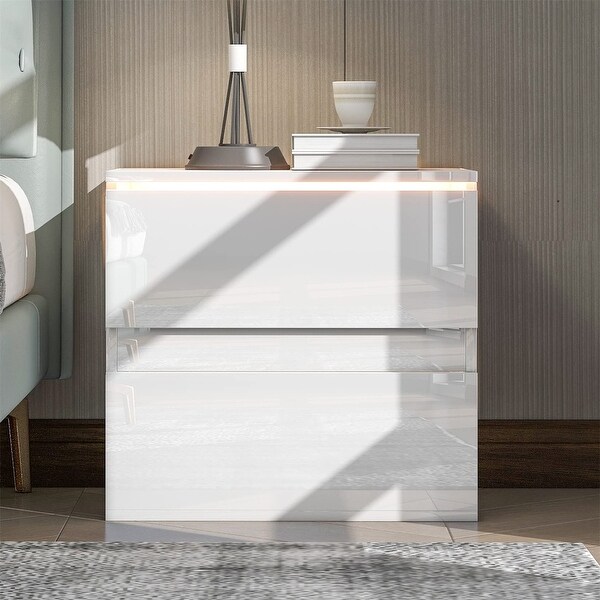 LED Nightstand with Wireless Charging Station and Lights High Gloss White End Side Table with 2 Storage Drawers Bedside Table - - 37638201