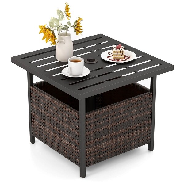 Costway Brown Rattan Wicker Steel Side Table Outdoor Furniture Deck