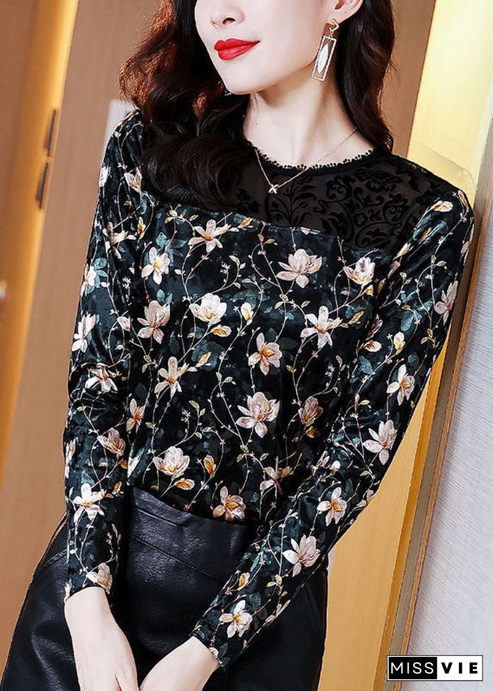 Elegant Black Hollow Out Patchwork Lace Print Silk Velour Shirt Tops Spring