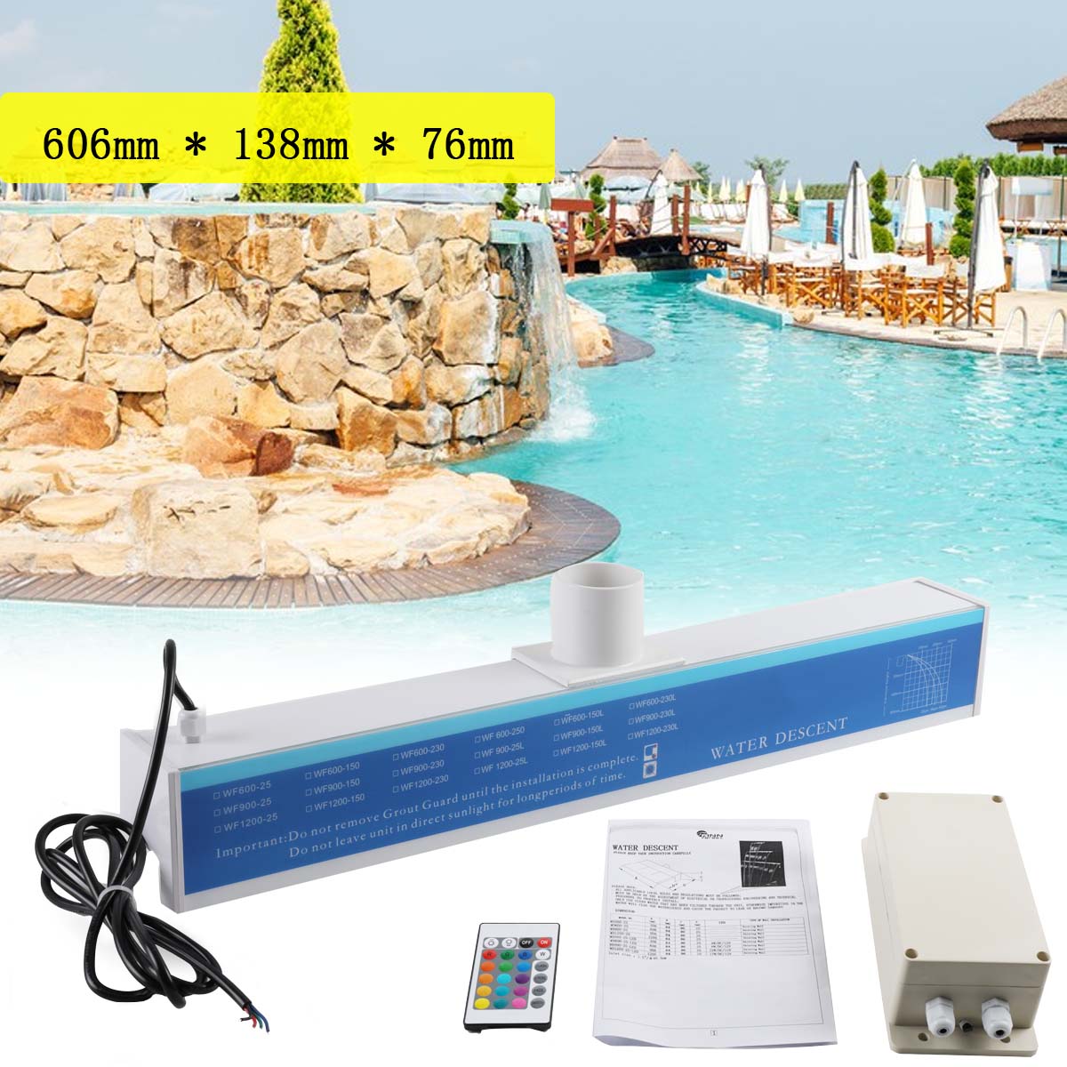 SUDEG Pool Fountain with LED Strip Light Rectangular Pool Waterfall Spillway for Garden(23.8 x 5.4 x 3 inch)