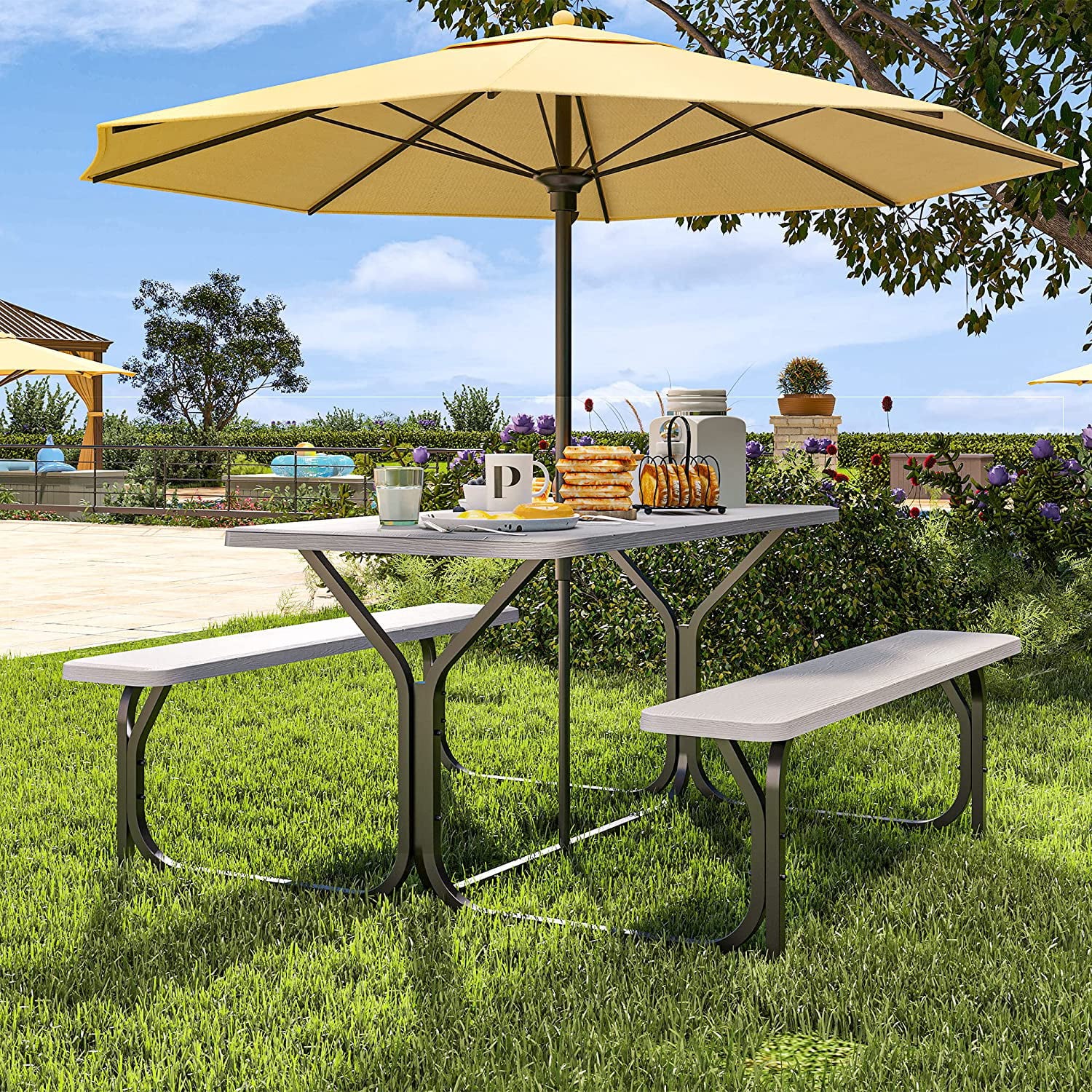 DWVO Picnic Table 6ft Heavy Duty Outdoor Picnic Table and Bench Resin Tabletop and Stable Steel Frame w/Umbrella Hole for Yard Patio Lawn Party Light Gray