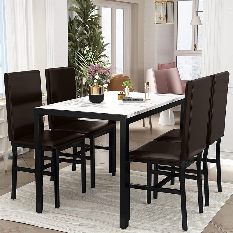 Modern Faux Marble 5 Pieces Kitchen Dining Set with 4 Cushion PU Leather Chairs