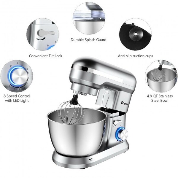 4.8 Qt 8-speed Electric Food Mixer with Dough Hook Beater - 13.5