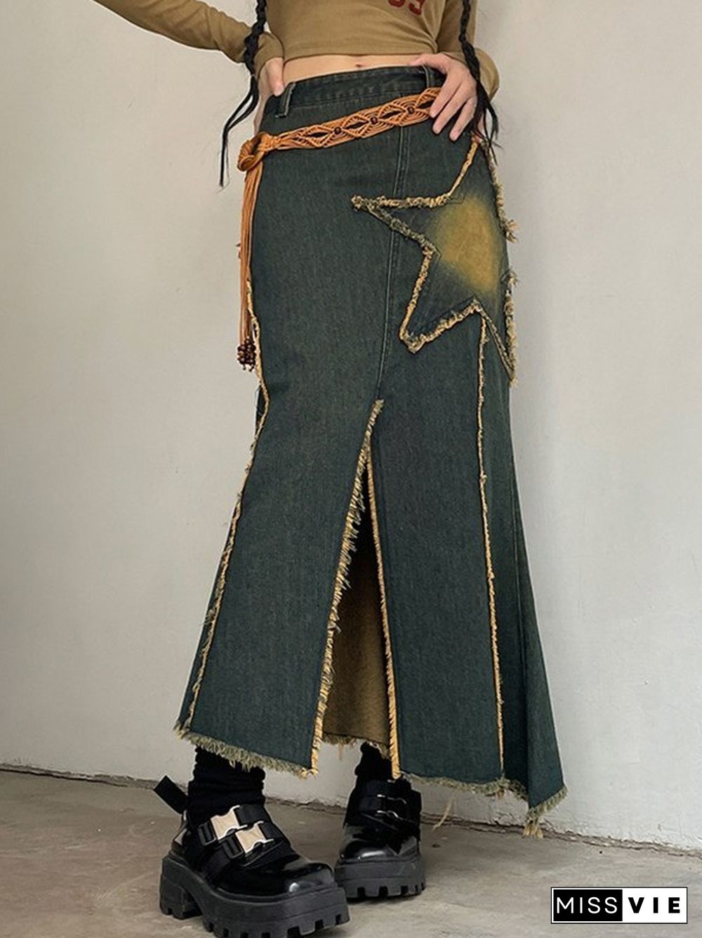 Slit Vintage Star Embroidered Denim Maxi Skirt