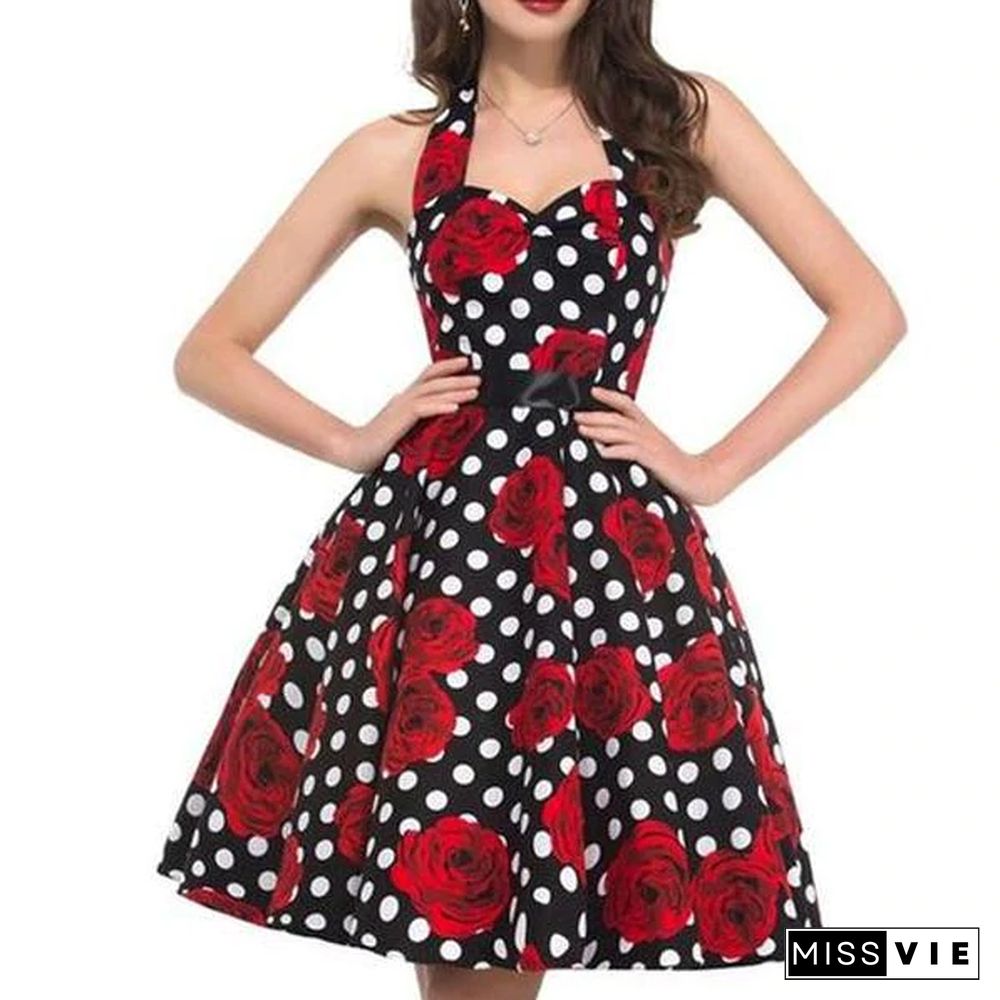 Sexy Halter Party Dress Retro Polka Dot Vintage Dresses Elegant Midi Dress