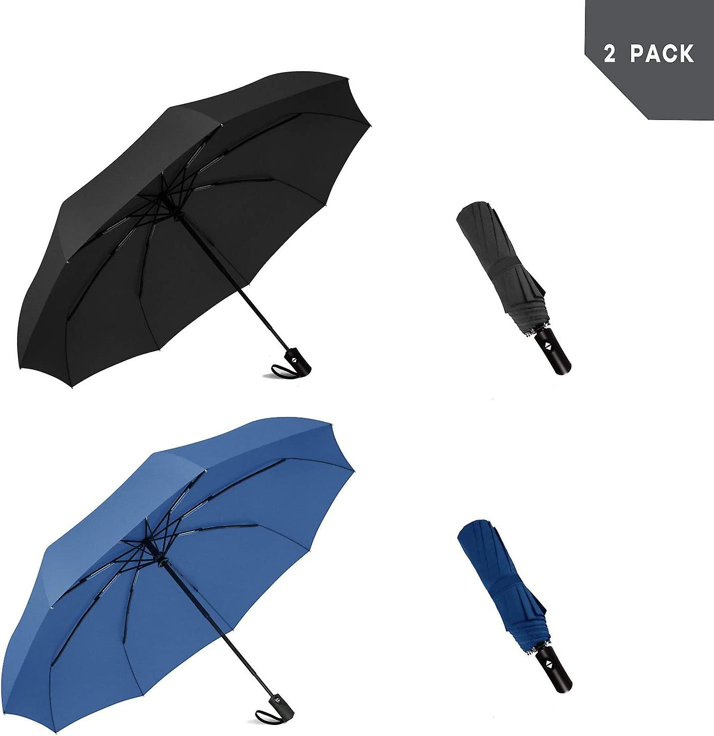 Liangnv 2 Packs Windproof Travel Compact Umbrella， 8-ribs Anti-uv Waterproof Folding Umbrella With Telfon Coating-one Button For Auto Open And Close.