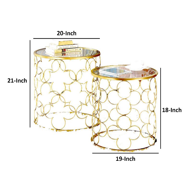 2 Piece Round Nesting Table with Lattice Metal Base， Gold