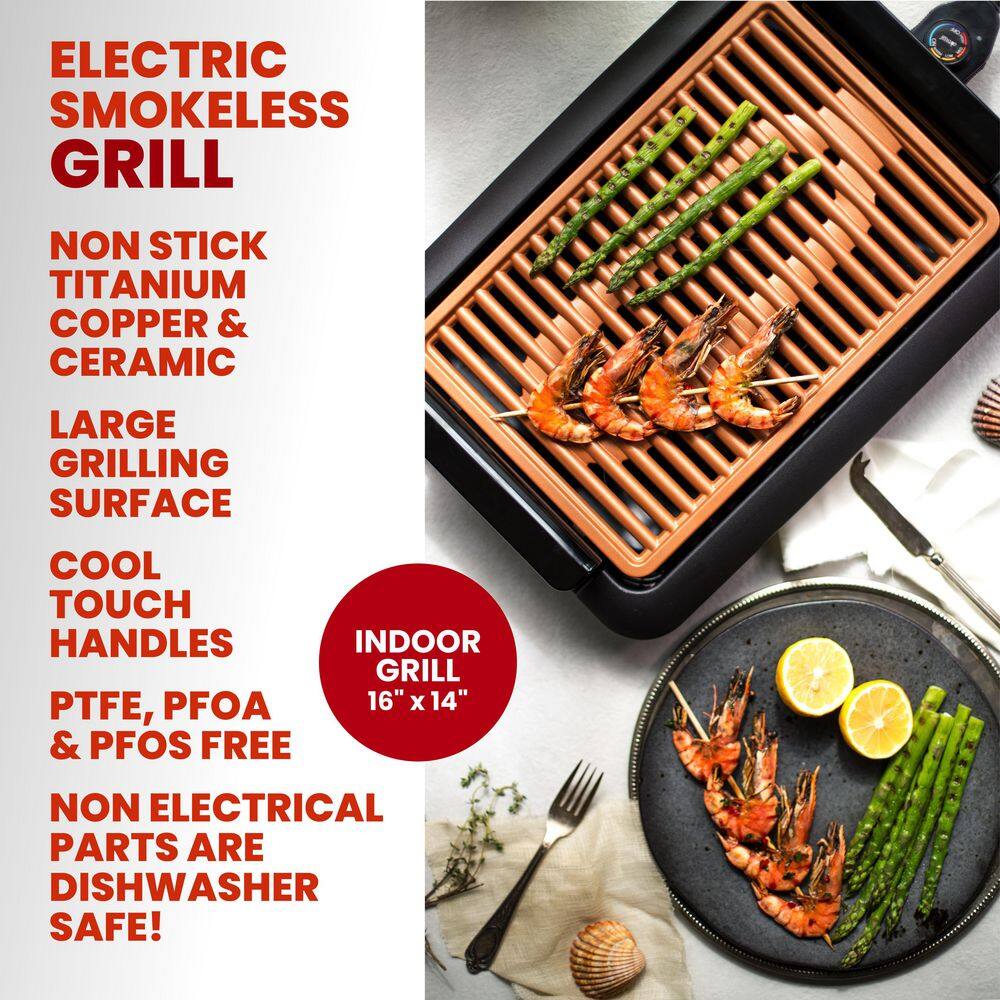 Gotham Steel 234 sq. in. Black Copper Non-Stick Ti-Ceramic Smoke-less Electric Indoor Grill  Griddle 1811MDB-HD