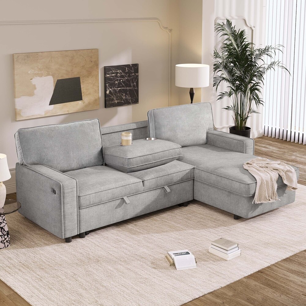 Upholstery Sleeper Sectional Sofa with Storage Space USB port 2 cup holders on Back Cushions