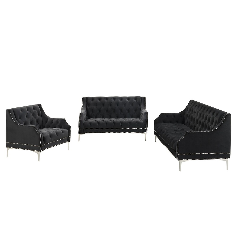 Black Frosted Velvet Sofa Set with Metal Legs (3 Seater + Loveseat + Single Sofa)