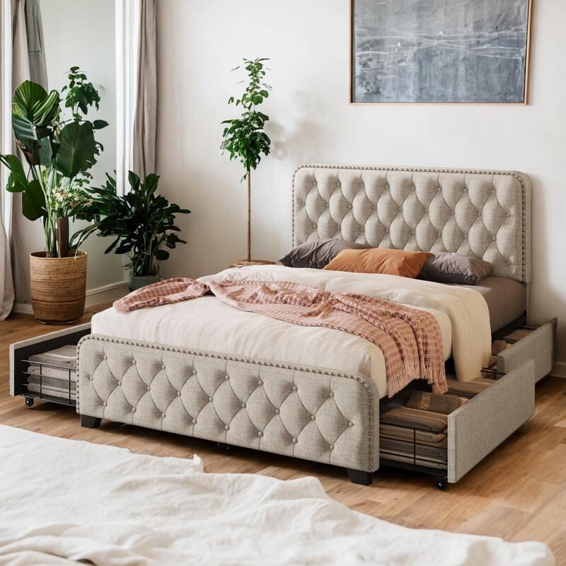 Beige Upholstered Platform Bed Frame with Four Drawers Button Tufted Headboard and Footboard Sturdy Metal Support