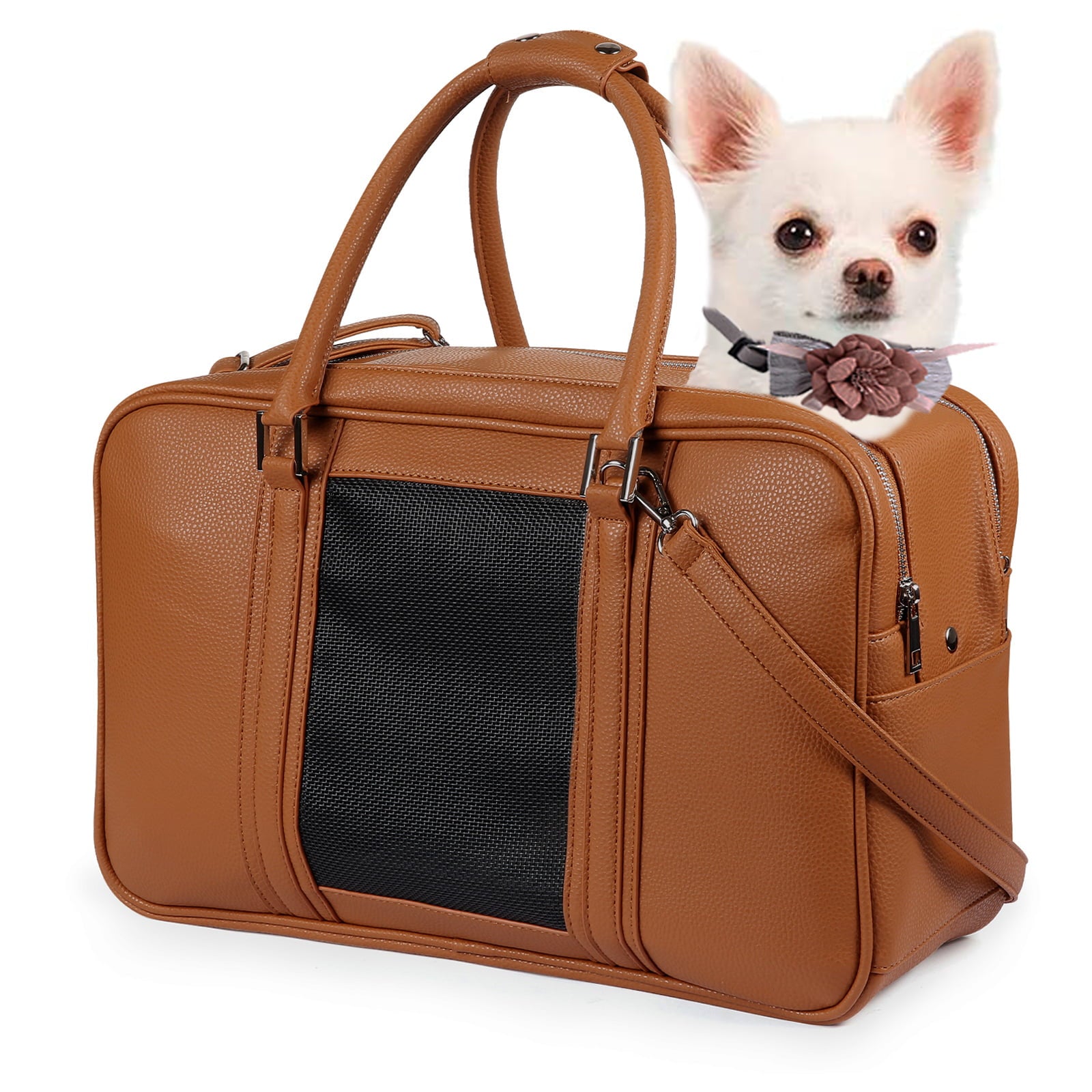 Fashion Dog Purse Carrier for Small Dogs with 2 Extra Pockets， Holds Up to 10lbs Pu Leather Cloth Pet Carrier， Cat Carrier， Airline Approved Puppy Purse Carrier for Travel (Brown， Small Size)