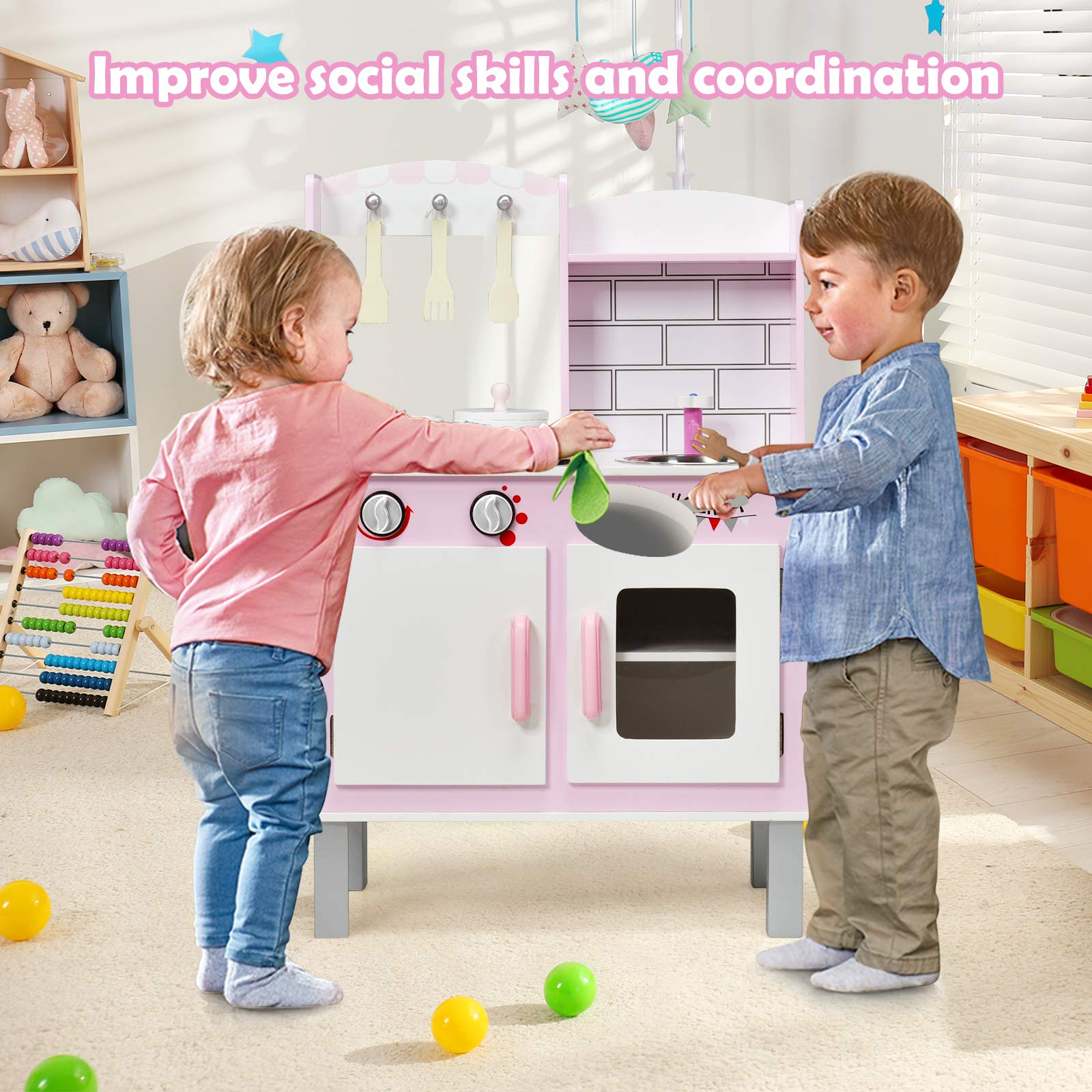 Costzon Kids Kitchen Playset, Wooden Pretend Play Cooking Set with Realistic Lights & Sounds (Pink)