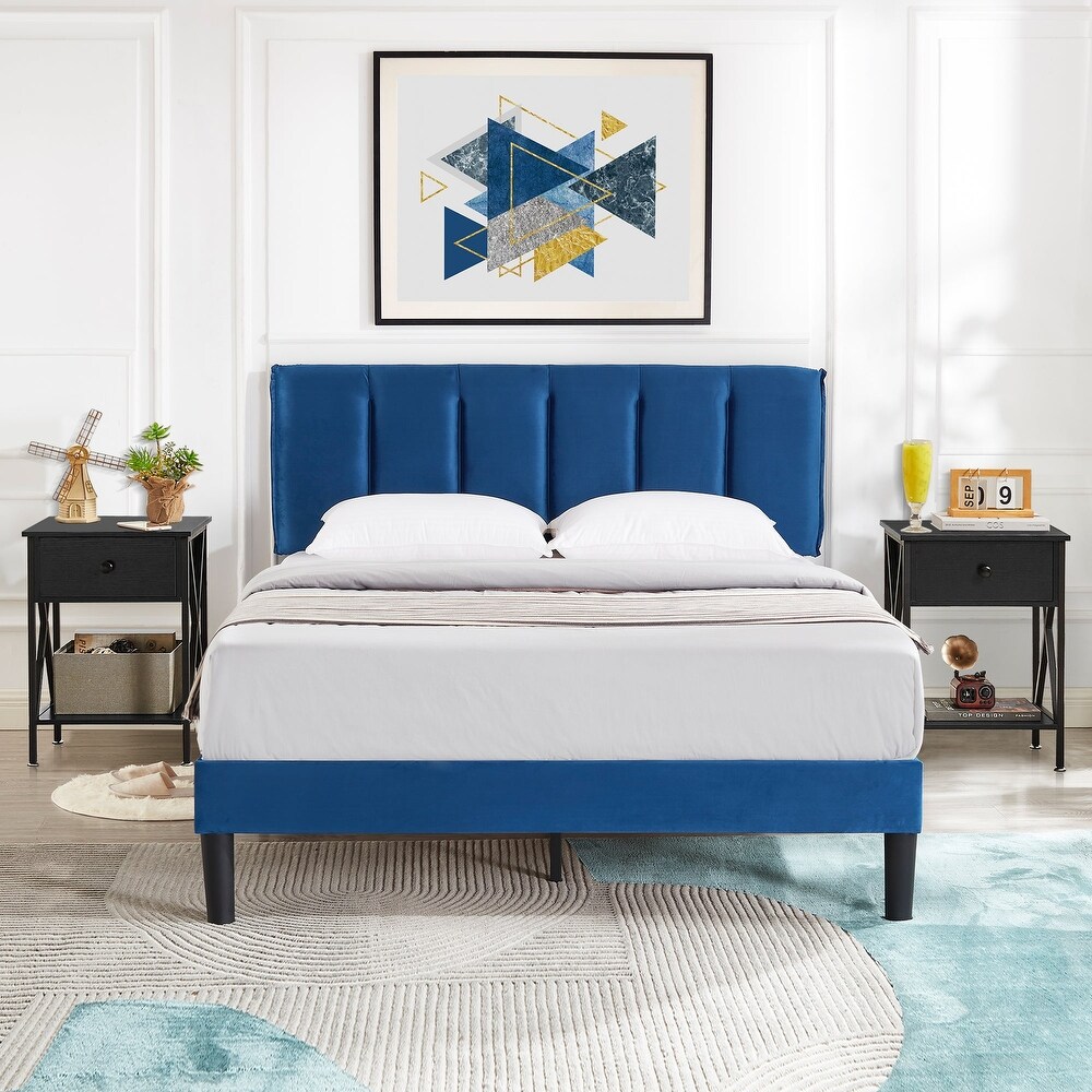 VECELO 3 Pieces Tufted Upholstered Platform Bed Frame with Adjustable Height Headboard and Nightstands Set of 2  Dark Blue