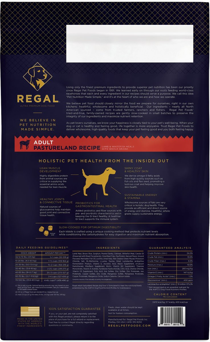 Regal Pet Foods Pastureland Recipe Lamb and Whitefish Meals Whole Grains Dry Dog Food