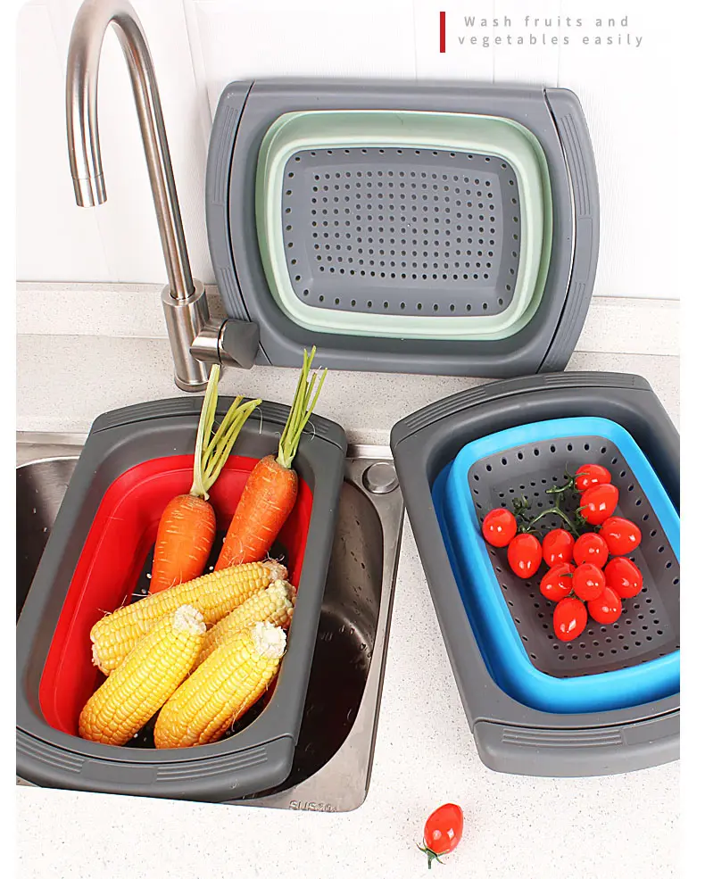 Firstents Fruit Vegetable Draining Kitchen Washing Filter Collapsible Silicone Folding Basket With Retractable Handles