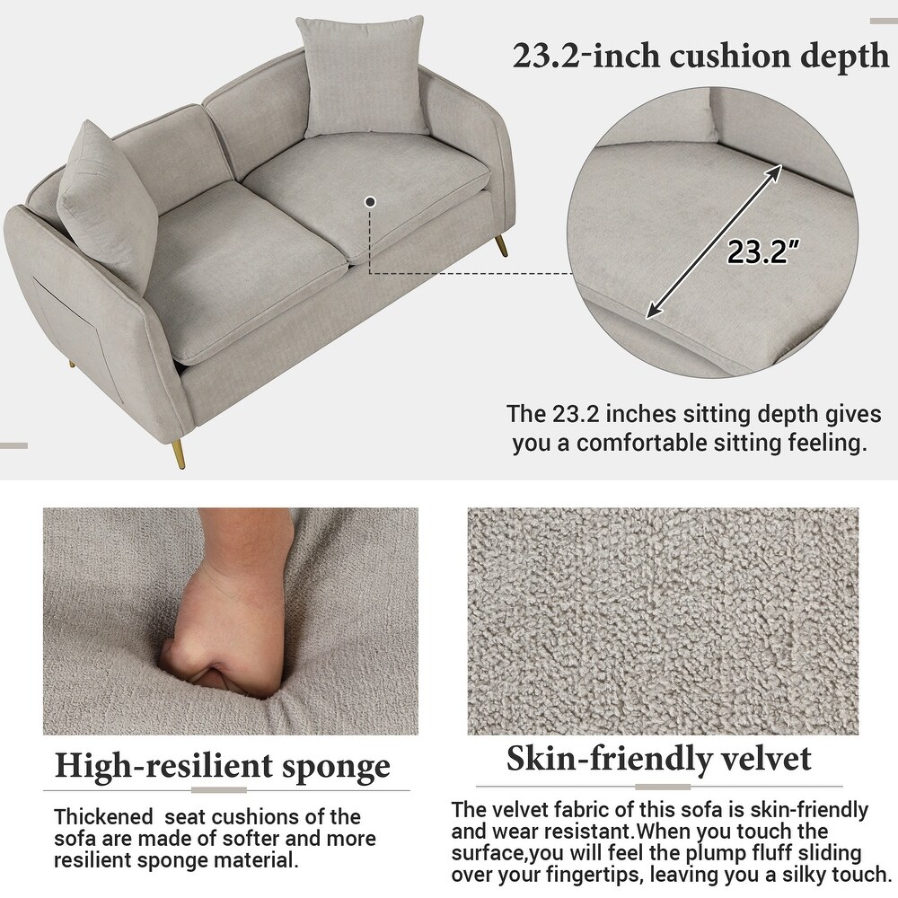 Modern Deep Seat Velvet Upholstered Sofa with Side Pocket and Pillows