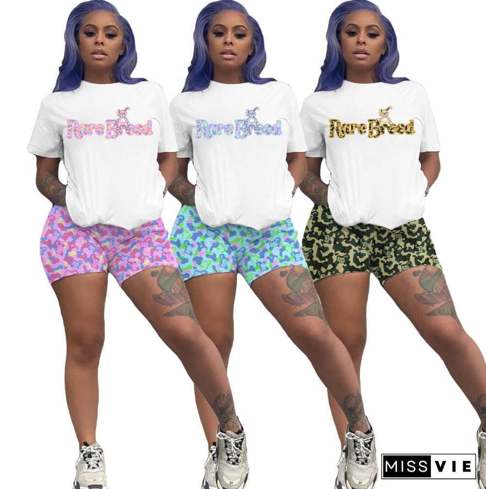 Stylish Cartoon Lettering Shorts Short Sleeves Two-Piece Set