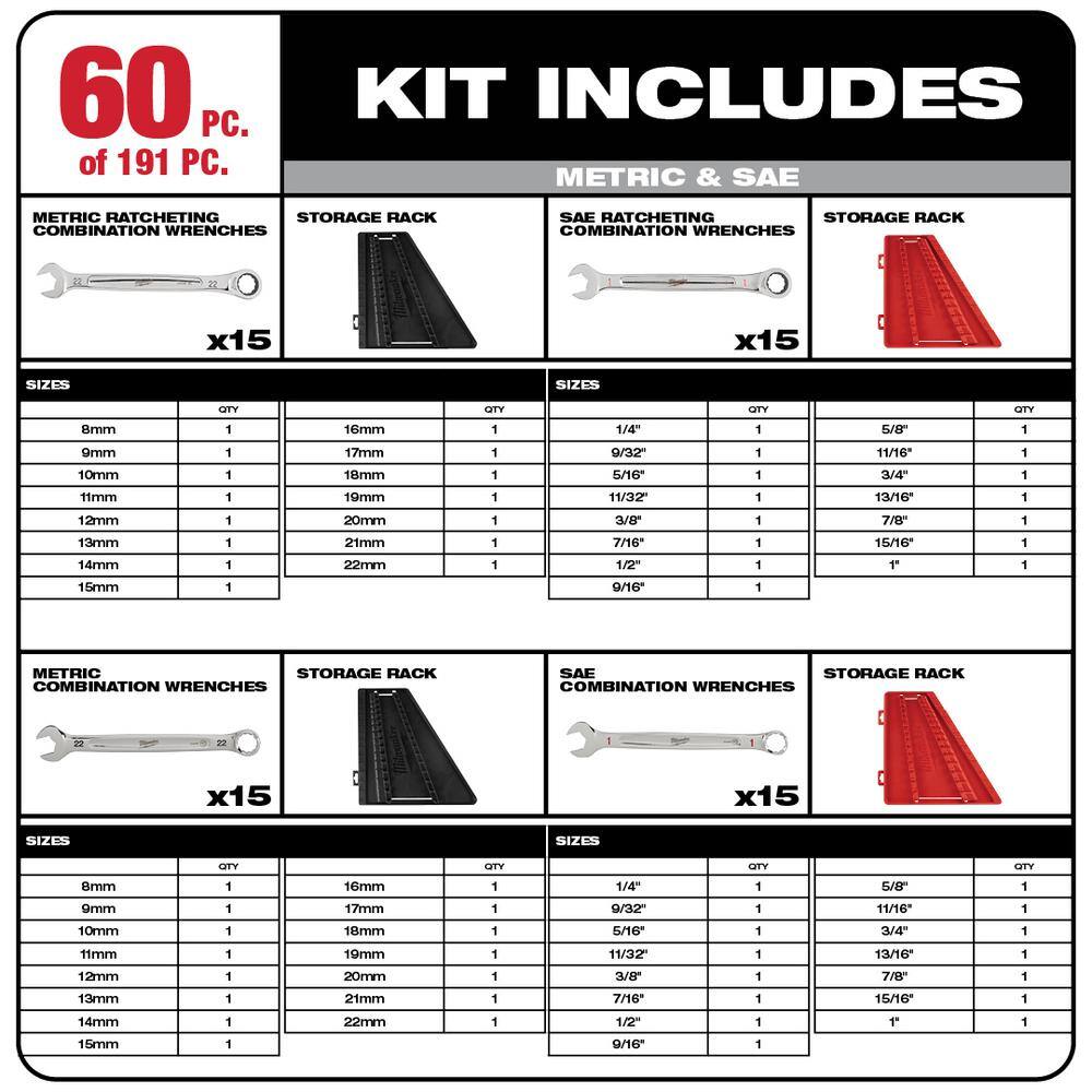 MW Mechanics Tool Set with SAE and Metric 144-Position Flex-Head Ratcheting Combination Wrenches (221-Piece) 48-22-9489-48-22-9513-48-22-9413