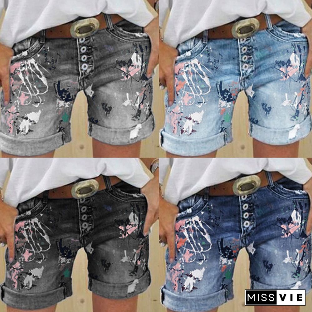 Brand New Plus Size Women's Denim Shorts Washed Printed Jeans Summer Denim Shorts