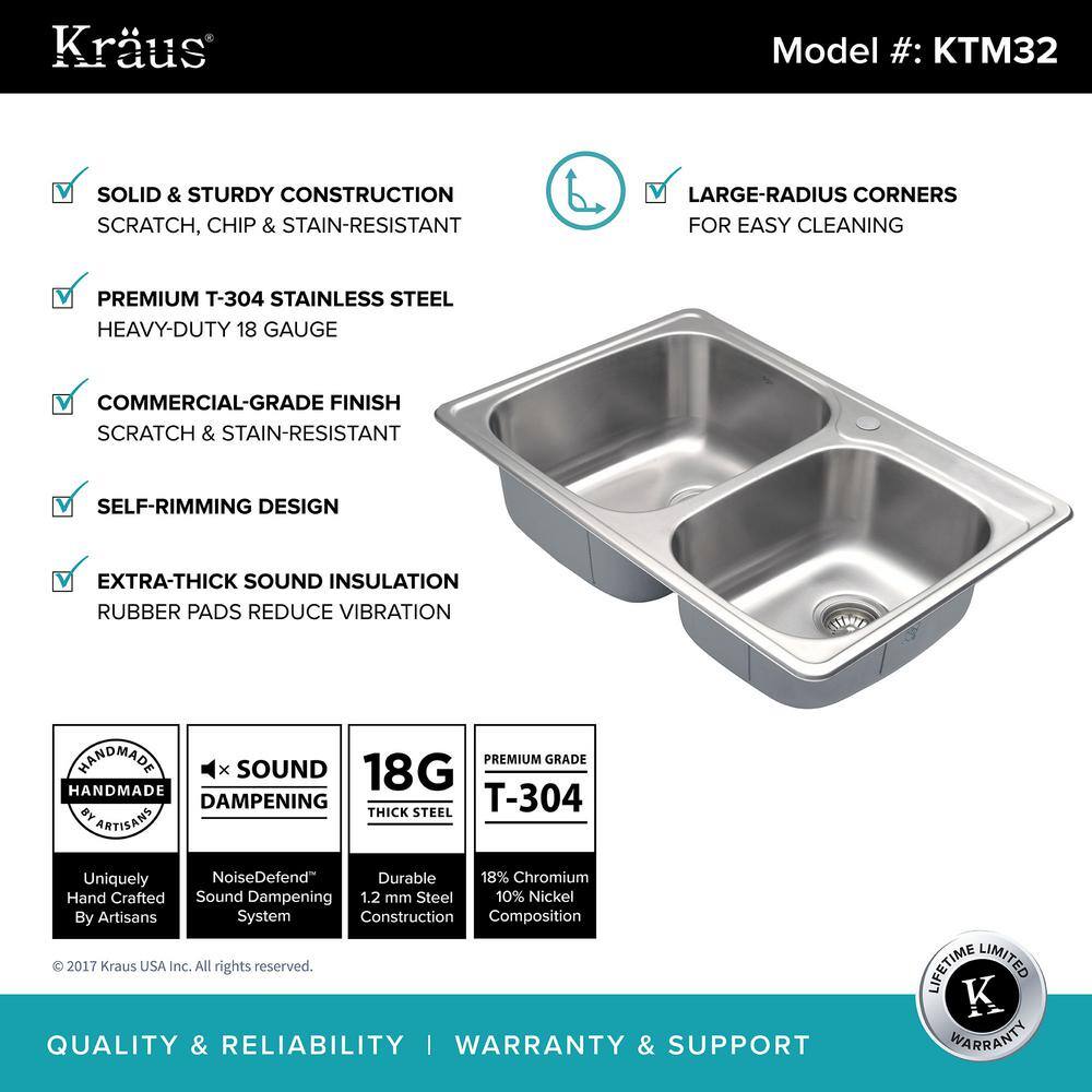 KRAUS Drop-In Stainless Steel 33 in. 1-Hole 6040 Double Bowl Kitchen Sink Kit KTM32