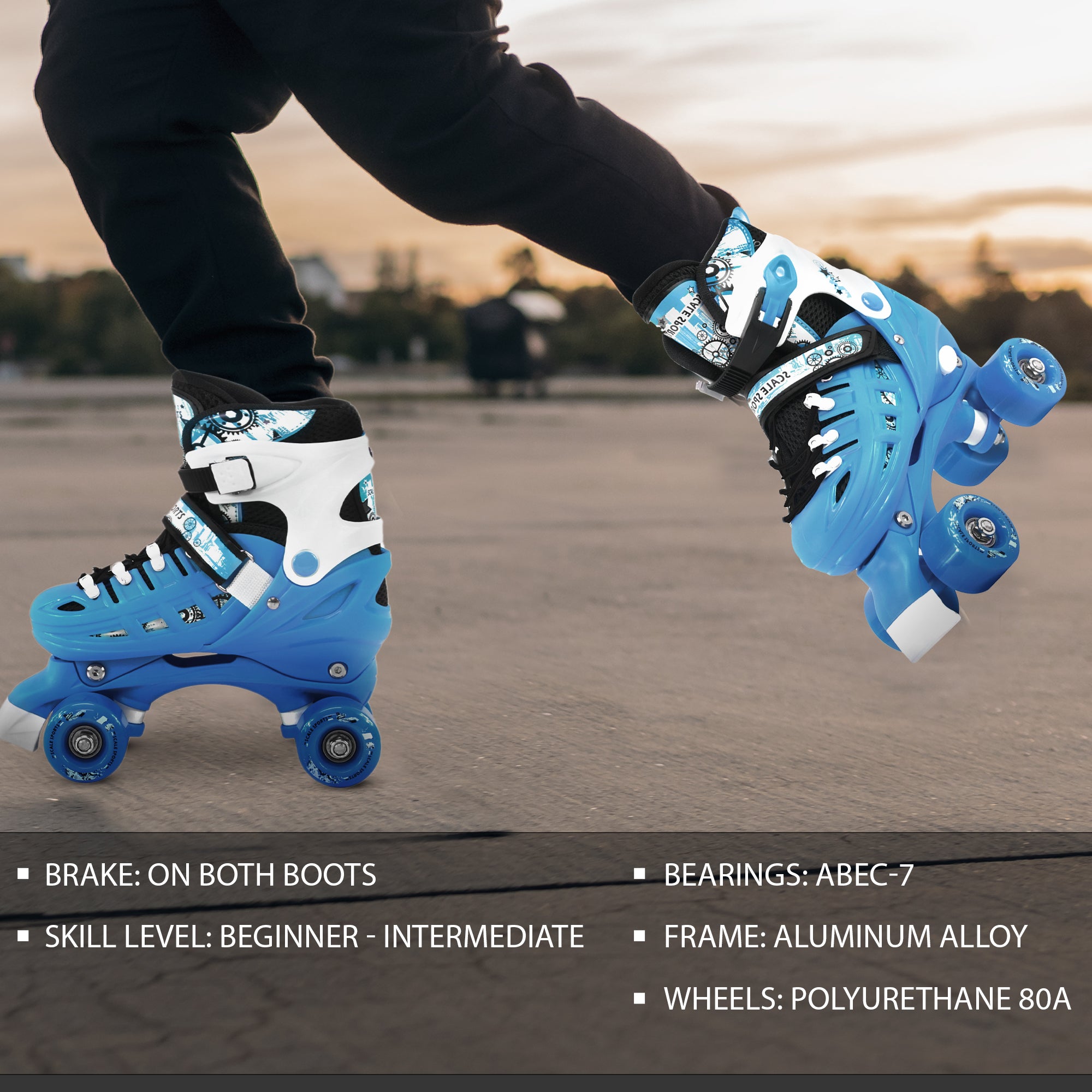 Adjustable Light Blue Quad Roller Skates For Kids Medium Sizes