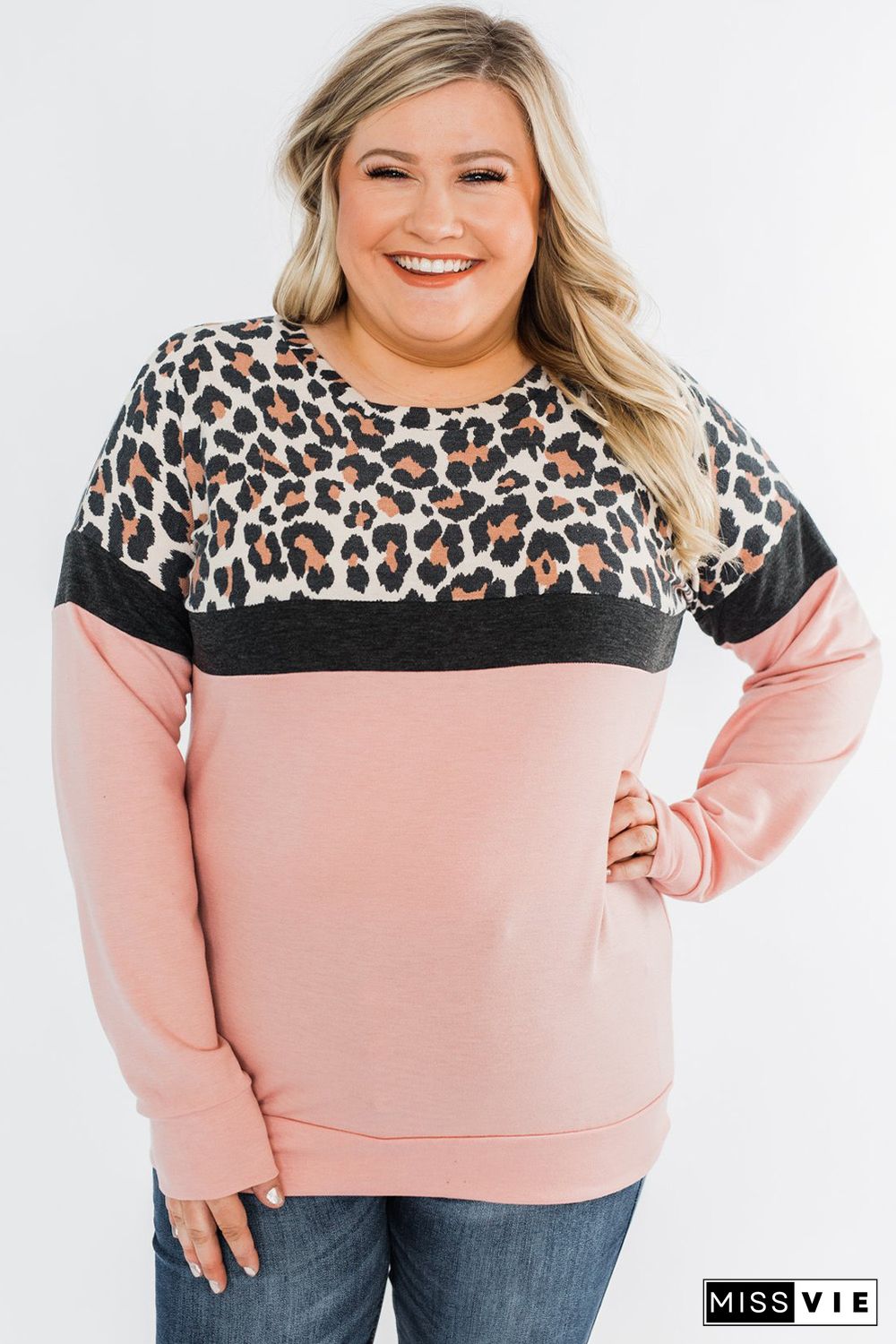 Pink Leopard Colorblock Plus Size Sweatshirt