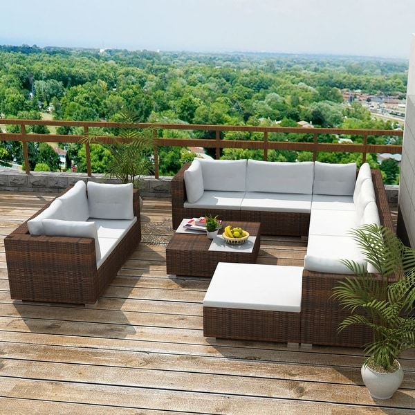 vidaXL 10 Piece Patio Lounge Set with Cushions Poly Rattan Brown