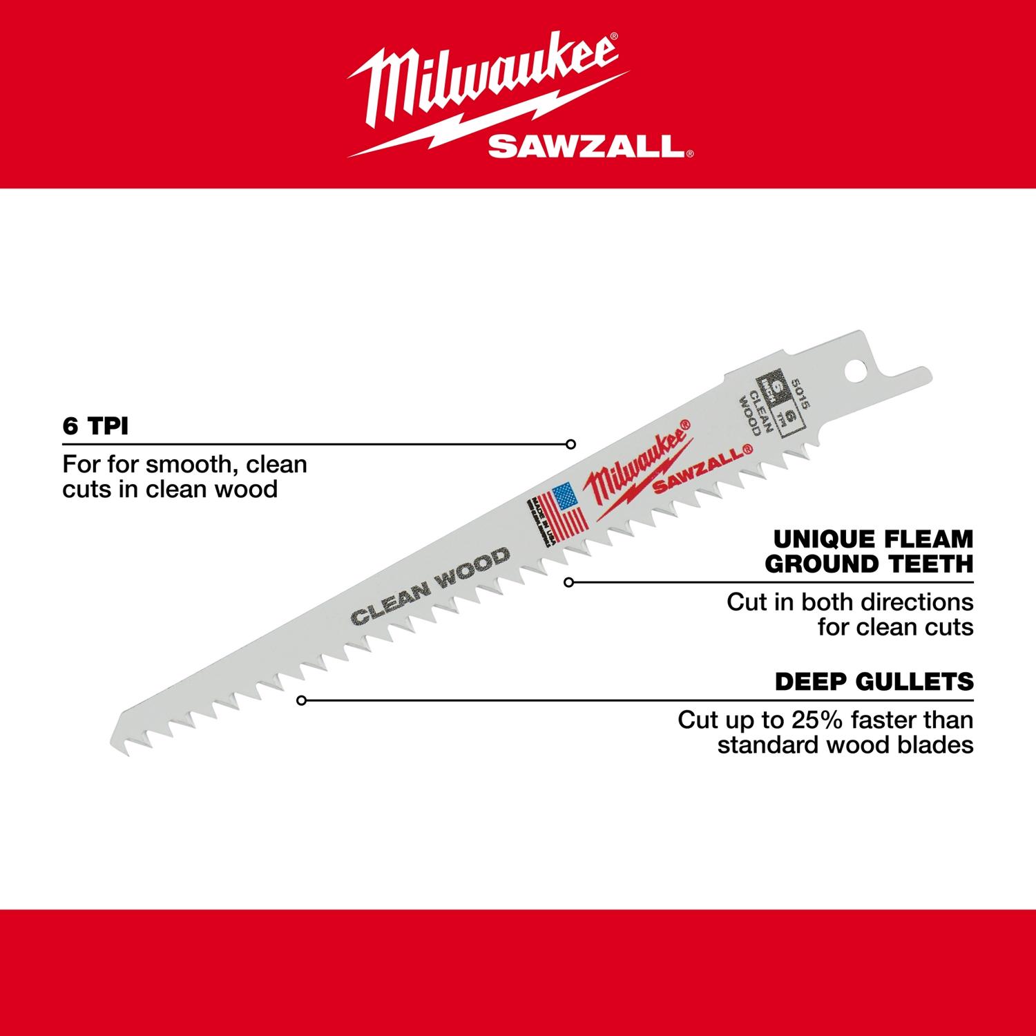 MW Sawzall 6 in. Bi-Metal Clean wood cutter Reciprocating Saw Blade 6 TPI 5 pk