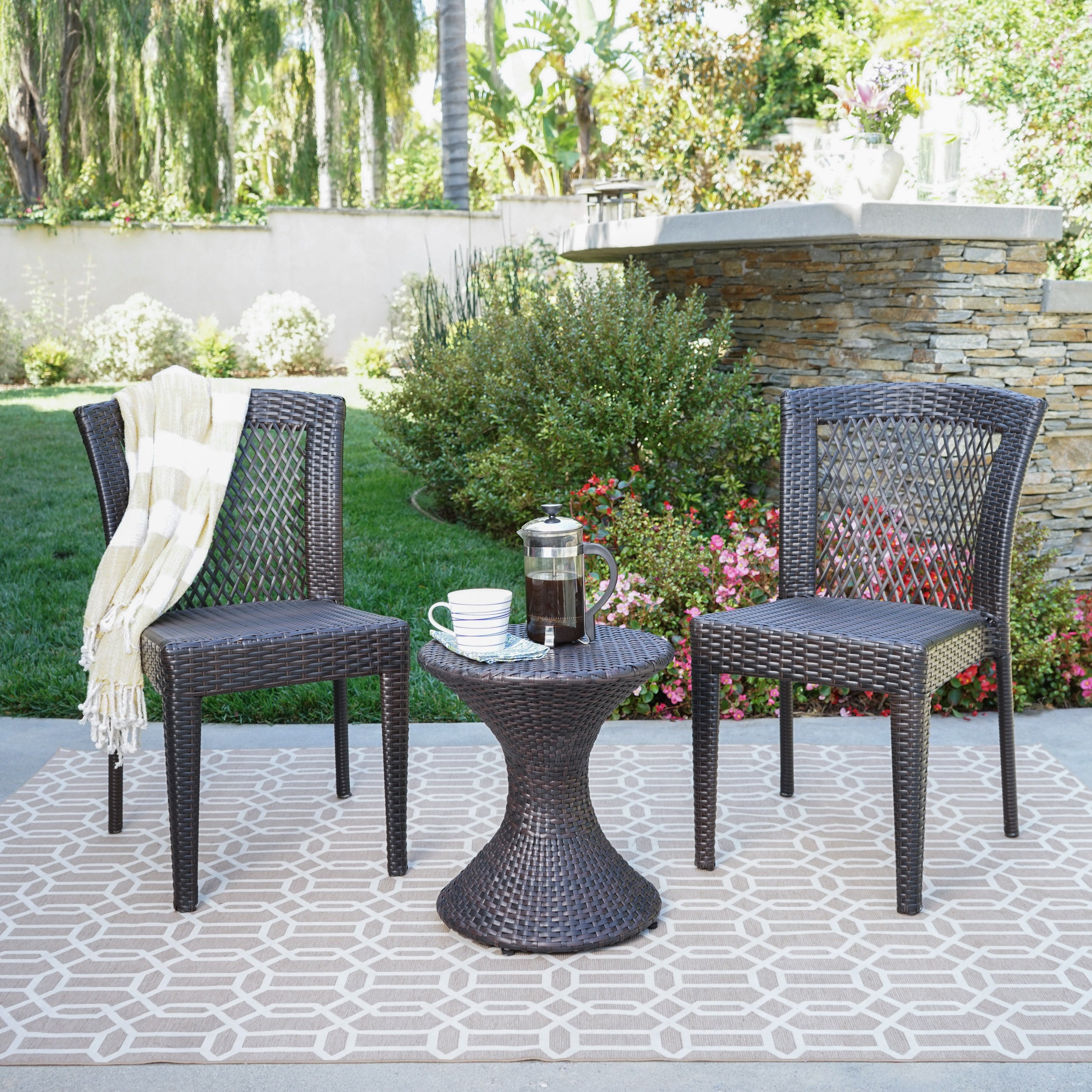 Rigby Outdoor 3 Piece Multi-Brown Wicker Chat Set with Stacking Chairs