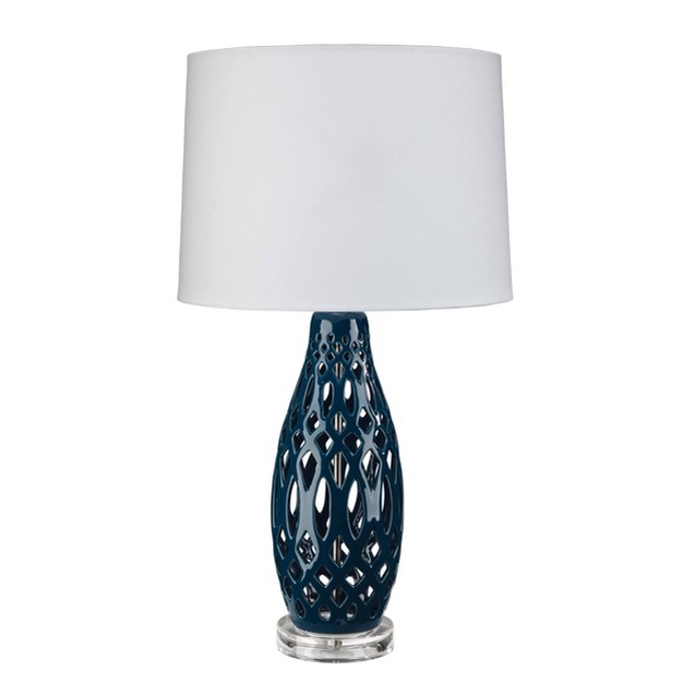 Filigree Ceramic Table Lamp With Cone Linen Shade Blue Splendor Home