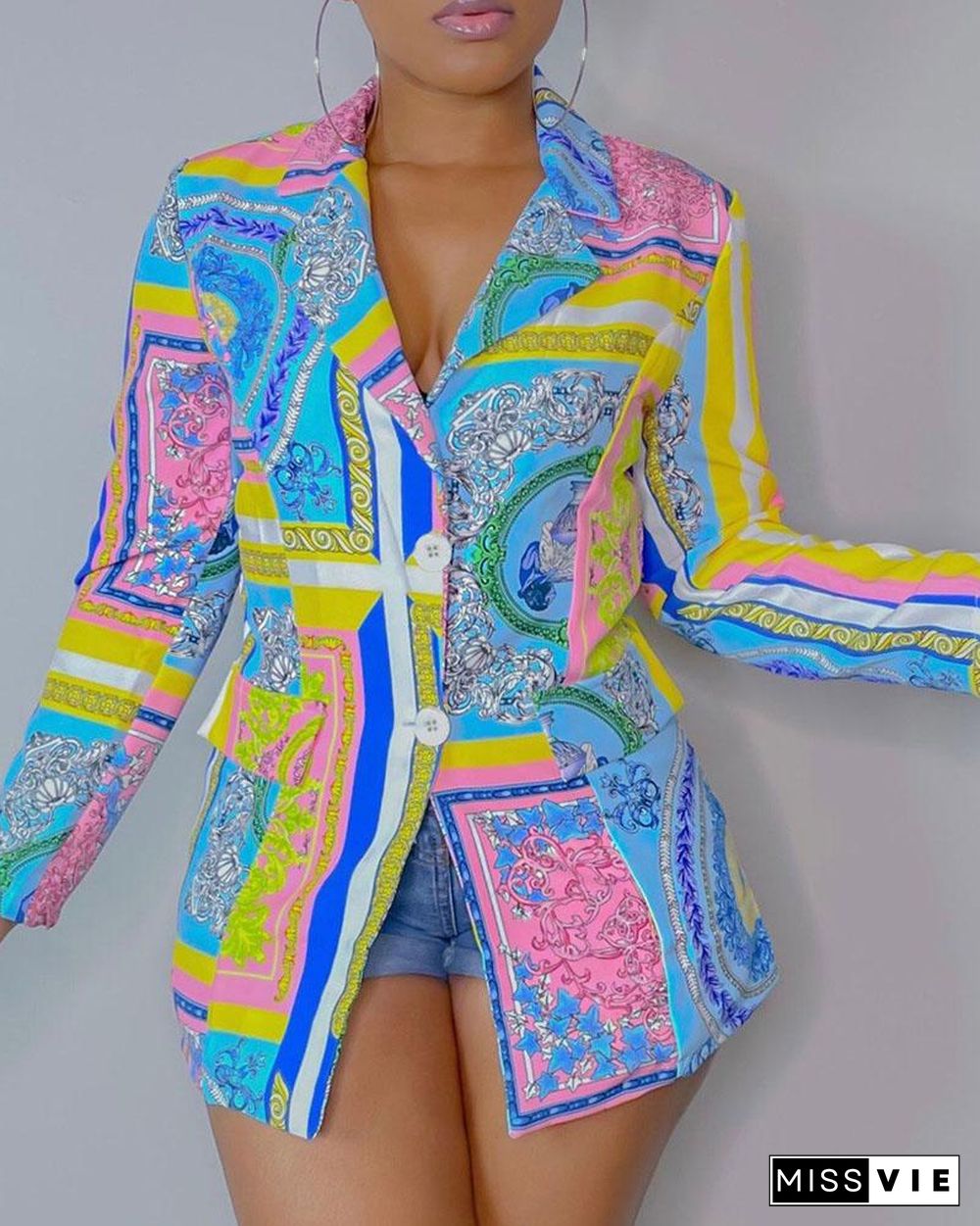 Scarf Print Buttoned Pocket Decor Blazer Coat